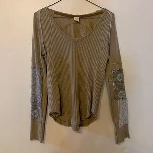 Free People Light Olive Patchwork Blouse
